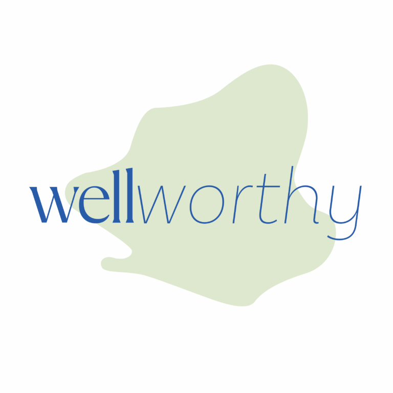 Gwell wellworthy logo. Light green blob with blue text on top of it.