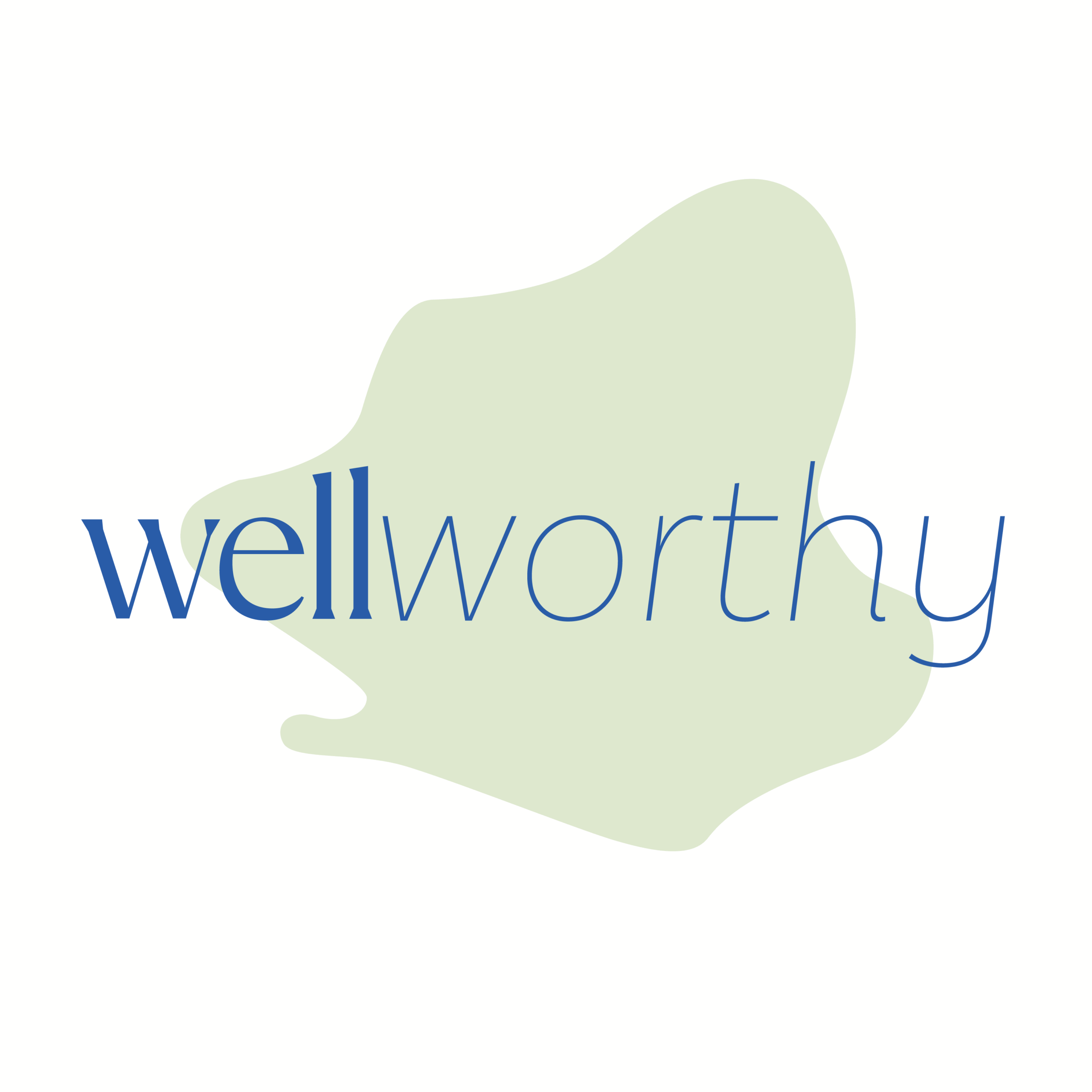 Gwell wellworthy logo. Light green blob with blue text on top of it.