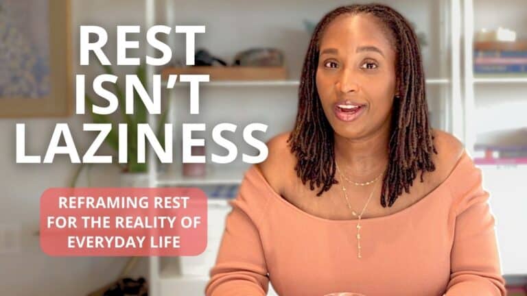 Balanced woman with natural hair talking about rest and wellness.